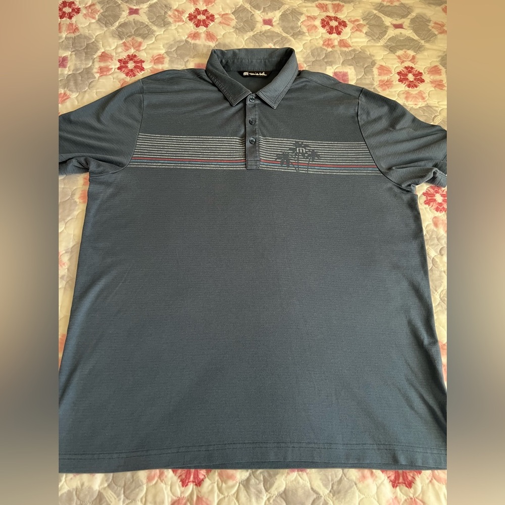 Travis Mathew Slate Blue Golf Casual Polo XL Palm Trees Stripes Pima Cotton Peru